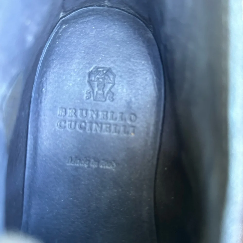 Brunello Cucinelli Navy Suede Chukka Boots with Tan Sole